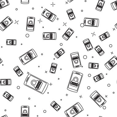 Siyah Cep telefonu ve parola koruma simgesi beyaz arka plan üzerinde sorunsuz desen izole. Güvenlik, güvenlik, kişisel erişim, kullanıcı izni, gizlilik. Vektör İllüstrasyonu