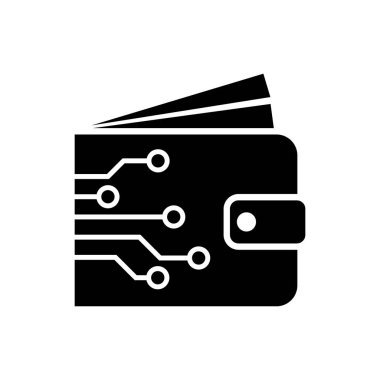 Siyah Cryptocurrency cüzdan simgesi yalıtılmış. Cüzdan ve bitcoin işareti. Madencilik konsepti. Para, ödeme, nakit, ödeme simgesi. Vektör İllüstrasyonu
