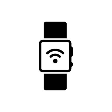 Beyaz arka planda izole edilmiş kablosuz simge simgesine sahip Siyah Akıllı Saat. Vektör İllüstrasyonu