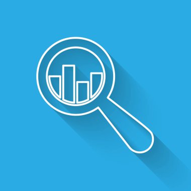 Beyaz Büyüteç ve veri analizi simgesi uzun gölge ile izole. Vektör İllüstrasyonu