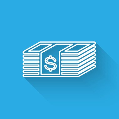Beyaz Kağıt para amerikan doları nakit simgesi uzun gölge ile izole. Para banknotları dolar simgesi ile yığını. Fatura para birimi. Vektör İllüstrasyonu