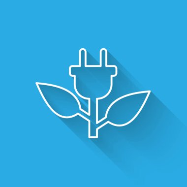 Uzun gölge ile izole yaprak çizgi simgesinde Beyaz Elektrik tasarruf fişi. Enerji elektrik simgesi kaydedin. Çevre koruma simgesi. Biyo enerji. Vektör İllüstrasyonu