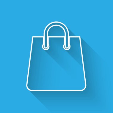 Beyaz Çanta çizgi simgesi uzun gölge ile izole. Shoping çanta işareti. Kadın çantası simgesi. Kadın çanta tabelası. Glamour rahat bagaj. Vektör İllüstrasyonu