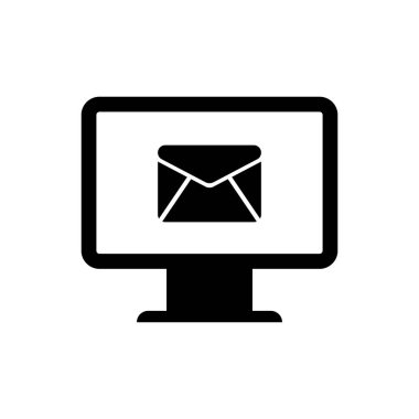 Siyah Bilgisayar monitörü ve zarfı, yeni ileti, posta, beyaz arka planda izole edilmiş e-posta simgesi. E-posta bültenleri, üstbilgi, blog gönderileri için kullanım. Vektör İllüstrasyonu