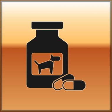 Siyah Köpek ilaç şişe ve hap simgesi altın arka plan izole. Haplarla dolu bir kap. Hayvanlar için reçeteli ilaç. Vektör İllüstrasyonu