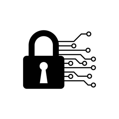 Siyah Siber güvenlik simgesi yalıtılmış. Dijital devre kartında kapalı asma kilit. Güvenlik konsepti. Dijital veri koruması. Vektör İllüstrasyonu