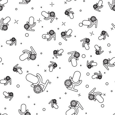 Siyah Mikrofon ve dişli simgesi beyaz arka plan üzerinde kesintisiz desen izole. Uygulama, servis konsepti, ayar seçenekleri, bakım, onarım, sabitleme ayarlama. Vektör İllüstrasyonu