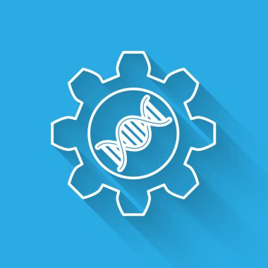 Beyaz Genetik mühendislik çizgi simgesi uzun gölge ile izole. DNA analizi, genetik testi, klonlama, babalık testi. Vektör İllüstrasyonu