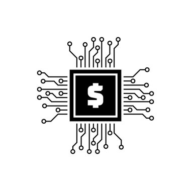 Dolar simgesi izole siyah İşlemci çip. İşlemci, merkezi işlem birimi, mikroçip, mikrodevre, bilgisayar işlemcisi, çip. Vektör İllüstrasyonu