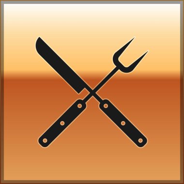 Siyah Çapraz bıçak ve spatula simgesi altın arka plan izole. Barbekü bıçağı ve spatula işareti. Barbekü ve ızgara aletleri. Vektör İllüstrasyonu
