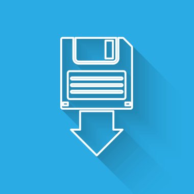 Uzun gölgeile yalıtılmış Beyaz Disket disk yedekleme simgesi. Disket işareti. Vektör İllüstrasyonu