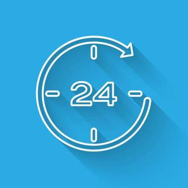 Beyaz Saat 24 saat simgesi uzun gölge ile izole. Tüm gün döngüsel simge. 24 saat hizmet sembolü. Vektör İllüstrasyonu