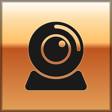 Altın arka planda yalıtılmış siyah Web kamera simgesi. Sohbet kamerası. Web kamerası simgesi. Vektör İllüstrasyonu