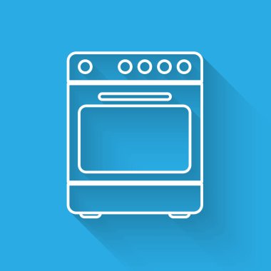 Beyaz Fırın simgesi uzun gölge ile izole. Soba gazlı fırın işareti. Vektör İllüstrasyonu