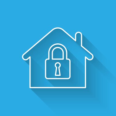 Beyaz Saray koruma hattı simgesi altında uzun gölge ile izole. Eve ve kilitle. Koruma, güvenlik, güvenlik, koruma, savunma konsepti. Vektör İllüstrasyonu