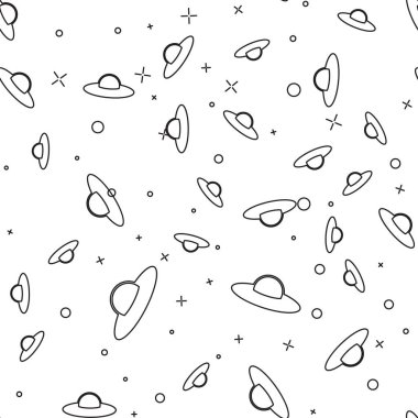 Siyah Ufo uçan uzay gemisi simgesi beyaz arka plan üzerinde dikişsiz desen izole. Uçan. Uzaylı uzay gemisi. Fütüristik bilinmeyen uçan nesne. Vektör İllüstrasyonu