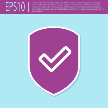 Retro mor Shield turkuaz arka plan üzerinde izole onay işareti simgesi ile. Koruma sembolü. Güvenlik denetimi Simgesi. Onay işareti simgesini işaretleyin. Düz tasarım. Vektör İllüstrasyonu