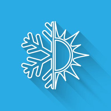 Beyaz Sıcak ve soğuk sembolü. Güneş ve kar tanesi simgesi uzun gölge ile izole. Kış ve yaz sembolü. Vektör İllüstrasyonu