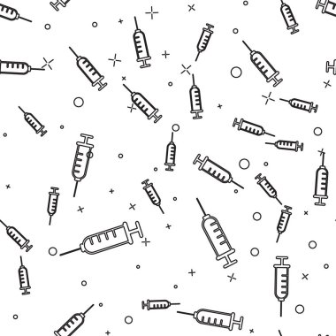 Siyah Şırınga simgesi beyaz arka plan üzerinde izole dikişsiz desen. Aşı, aşı, enjeksiyon, grip aşısı için şırınga. Tıbbi ekipmanlar. Vektör İllüstrasyonu
