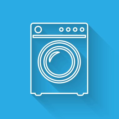 Beyaz Yıkıntı simgesi uzun gölge ile izole. Çamaşır makinesi simgesi. Çamaşır makinesi- çamaşır makinesi. Ev aletleri sembolü. Vektör İllüstrasyonu