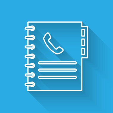 Uzun gölgeile yalıtılmış Beyaz Telefon kitap simgesi. Adres defteri. Telefon rehberi. Vektör İllüstrasyonu