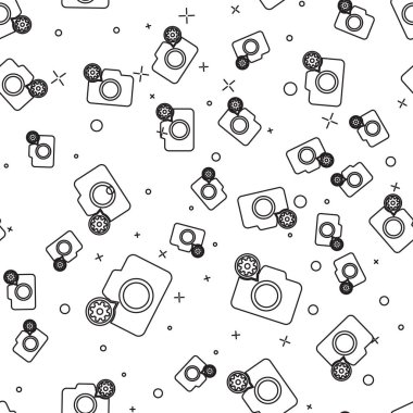 Siyah Fotoğraf kamera ve dişli simgesi beyaz arka plan üzerinde sorunsuz desen izole. Uygulama, servis konsepti, ayar seçenekleri, bakım, onarım, sabitleme ayarlama. Vektör İllüstrasyonu