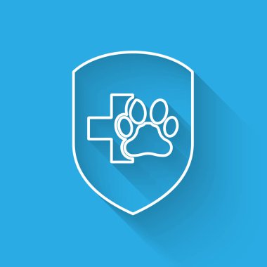 Beyaz Hayvan sağlık sigortası satır simgesi uzun gölge ile izole. Evcil hayvan koruma simgesi. Köpek ya da kedi pençesi izi. Vektör İllüstrasyonu