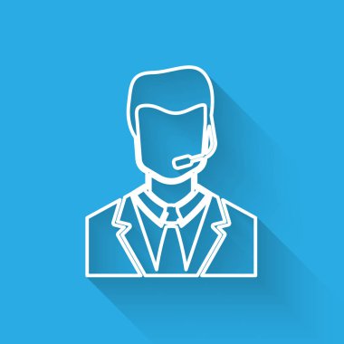 Uzun gölgeile izole edilmiş bir kulaklık simgesine sahip Beyaz Adam. Destek operatörü temas halinde. Çağrı merkezi, müşteri destek hizmeti için konsept. Vektör İllüstrasyonu