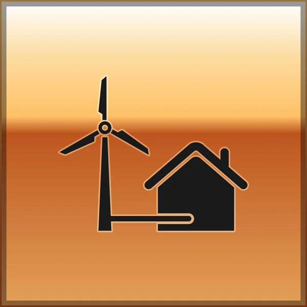 Zwart huis met windturbine voor elektrische energieopwekking icoon geïsoleerd op gouden achtergrond. Milieuvriendelijk huis. Milieubescherming. Vector illustratie — Stockvector