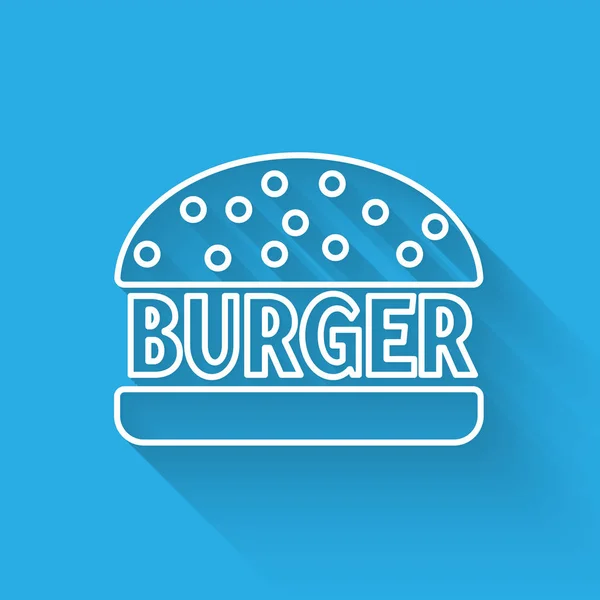 Biała ikona linii Burger wyizolowana długim cieniem. Ikona Hamburger. Cheeseburger znak kanapkę. Ilustracja wektorowa — Wektor stockowy