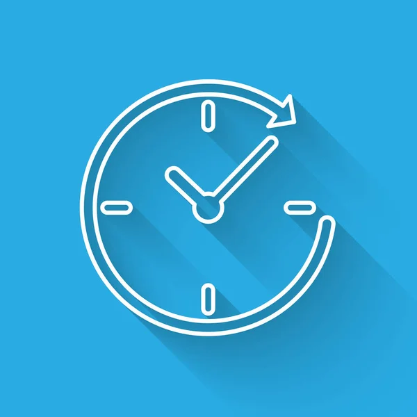 Reloj blanco con icono de flecha aislado con sombra larga. Símbolo de tiempo. Flecha del icono de rotación en sentido horario y tiempo. Ilustración vectorial — Vector de stock