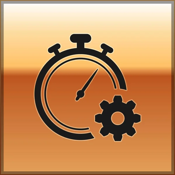 Black Time Management icon isolated on gold background. Clock and gear sign. Productivity symbol. Vector Illustration — Stock Vector