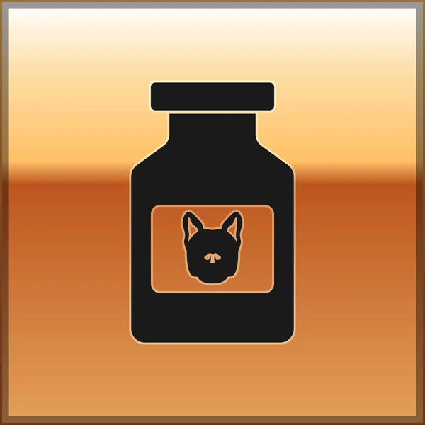 Black Dog icona bottiglia medicina isolato su sfondo oro. Contenitore con pillole. Medicina prescritta per animali. Illustrazione vettoriale — Vettoriale Stock