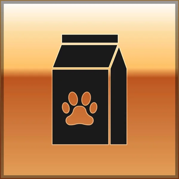 Black Bag of food for pet icon isolated on gold background. Food for animals. Pet food package. Dog or cat paw print. Vector Illustration — Stock Vector