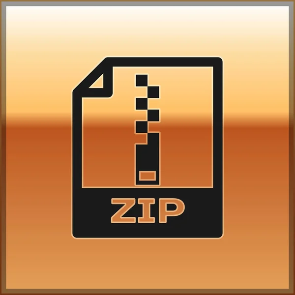 Icono de documento de archivo ZIP negro. Descargar icono de botón zip aislado sobre fondo dorado. Símbolo del archivo ZIP. Ilustración vectorial — Vector de stock