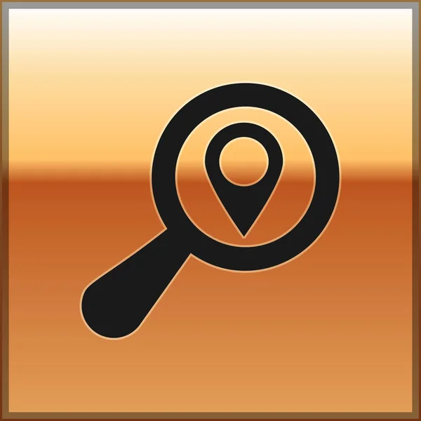 Black Search location icon isolated on gold background. Magnifying glass with pointer sign. Vector Illustration — Stock Vector