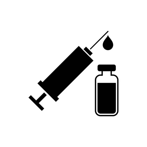 Jeringa médica negra con aguja e ícono de vial o ampolla aislados. Vacunación, inyección, vacuna, concepto de insulina. Ilustración vectorial — Archivo Imágenes Vectoriales