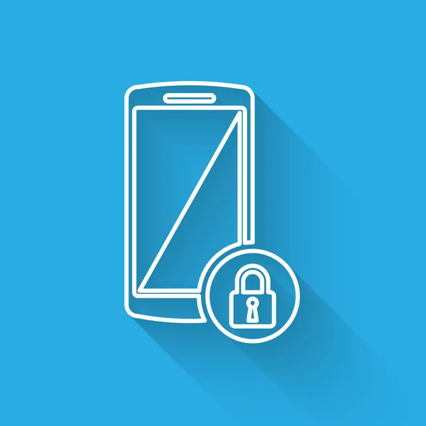 긴 그림자로 격리 된 닫힌 자물쇠 선 아이콘이있는 흰색 스마트 폰. 자물쇠가있는 전화. 모바일 보안, 안전, 보호 개념. 벡터 일러스트레이션 — 스톡 벡터