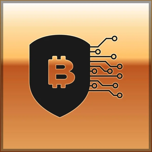 Escudo preto com ícone bitcoin isolado no fundo de ouro. Mineração de criptomoeda, tecnologia blockchain, bitcoin, segurança, proteger, dinheiro digital. Ilustração vetorial —  Vetores de Stock