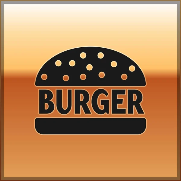 Schwarze Burger-Ikone isoliert auf goldenem Hintergrund. Hamburger Ikone. Cheeseburger Sandwich-Schild. Vektorillustration — Stockvektor