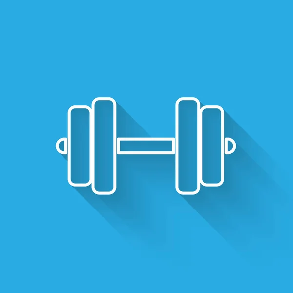 Icono de mancuerna blanca aislado con sombra larga. Icono de levantamiento muscular, barra de fitness, icono de gimnasio, símbolo de equipo deportivo, bumbbell ejercicio. Ilustración vectorial — Vector de stock