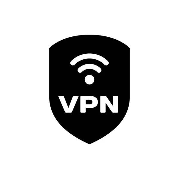 Vpnと無線LAN無線インターネットネットワークシンボルアイコンを分離したブラックシールド。VPNは安全コンセプトを保護します。ベクトルイラストレーション — ストックベクタ