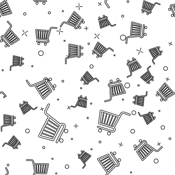 검은 쇼핑 카트 아이콘 흰색 배경에 원활한 패턴을 격리. 온라인 구매 개념입니다. 배달 서비스 기호입니다. 슈퍼마켓 바구니 기호입니다. 벡터 일러스트레이션 — 스톡 벡터