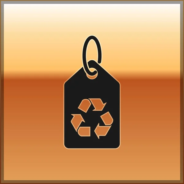 Tag preto com ícone de símbolo de reciclagem isolado no fundo de ouro. Banner, etiqueta, etiqueta, logotipo, adesivo para verde eco. Ilustração vetorial — Vetor de Stock