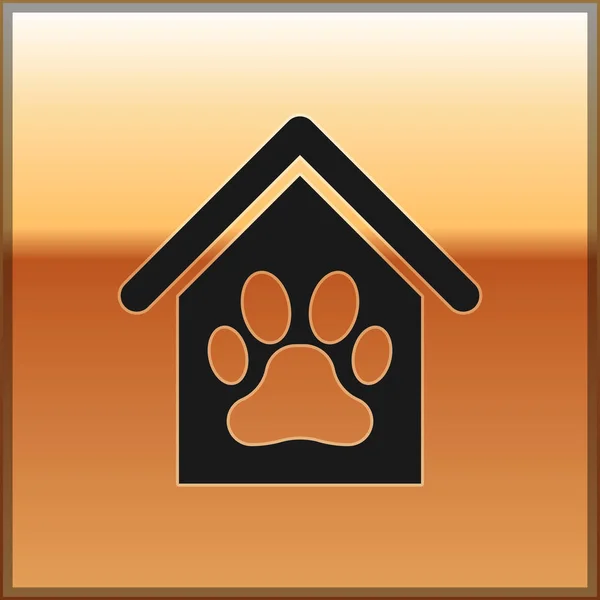 Siyah Köpek ev ve pençe baskı pet simgesi altın arka plan izole. Köpek kulübesi. Vektör İllüstrasyonu — Stok Vektör