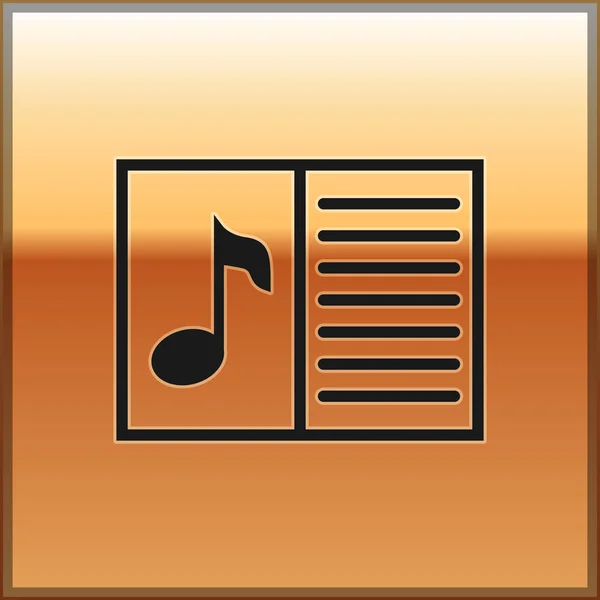 Βιβλίο μαύρης μουσικής με εικονίδιο σημείωσης απομονώνεται σε χρυσό φόντο. Παρτιτούρα με το σημείωμα. Σημειωματάριο για μουσικές νότες. Απεικόνιση διανυσματικών φορέων — Διανυσματικό Αρχείο