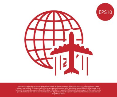 Beyaz arka plan üzerinde izole uçan uçak simgesi ile Kırmızı Küre. Uçak dünya gezegeninin etrafında uçar. Uçak dünya simgesi. Vektör İllüstrasyonu