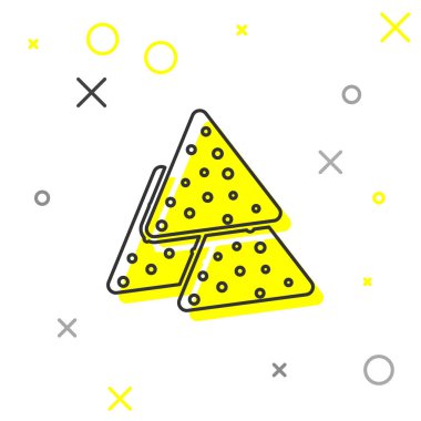 Gri Nachos çizgi simgesi beyaz arka plan üzerinde izole. Tortilla cipsi veya nachos tortilla. Geleneksel Meksika fast food'u. Vektör İllüstrasyonu