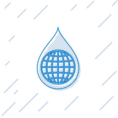 Beyaz arka plan üzerinde izole su damla çizgi simgesi mavi dünya gezegeni. Dünya küresi ve su damlası. Su tasarrufu ve dünya çevre koruma. Vektör İllüstrasyonu