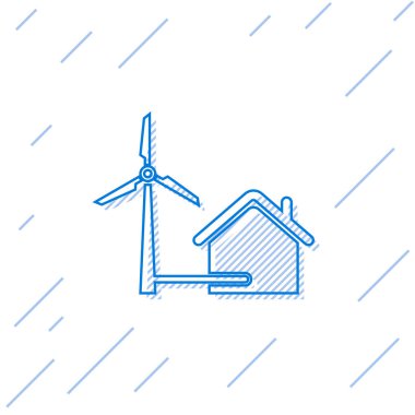 Beyaz arka plan üzerinde izole elektrik enerjisi üretimi hattı simgesi için rüzgar türbini ile Mavi Saray. Çevre dostu bir ev. Çevre Koruma. Vektör İllüstrasyonu